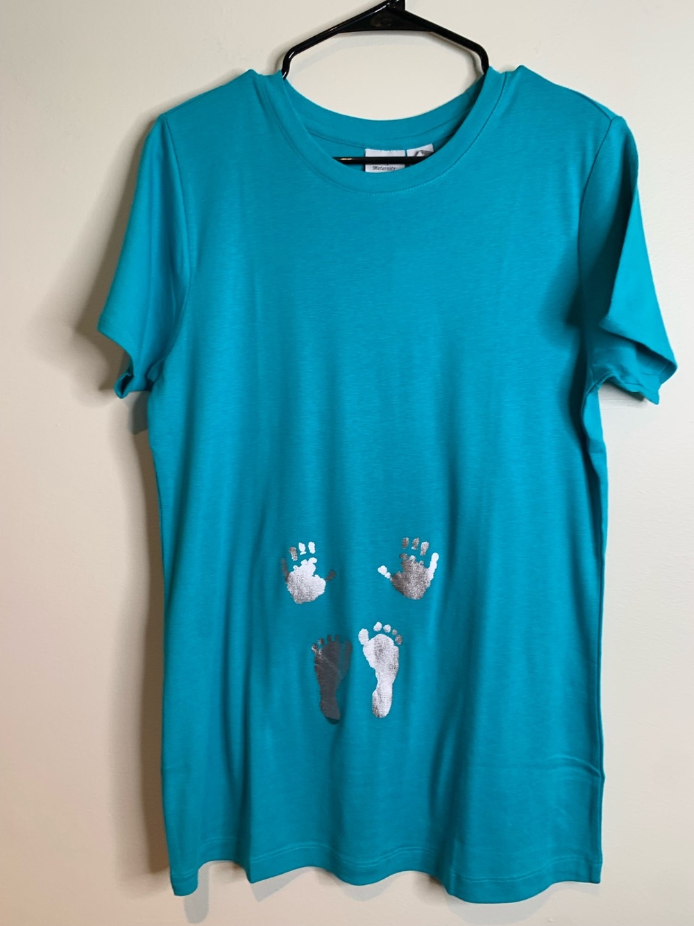 Blue Maternity Shirt with Silver Baby Imprinted hands & feet NWT L